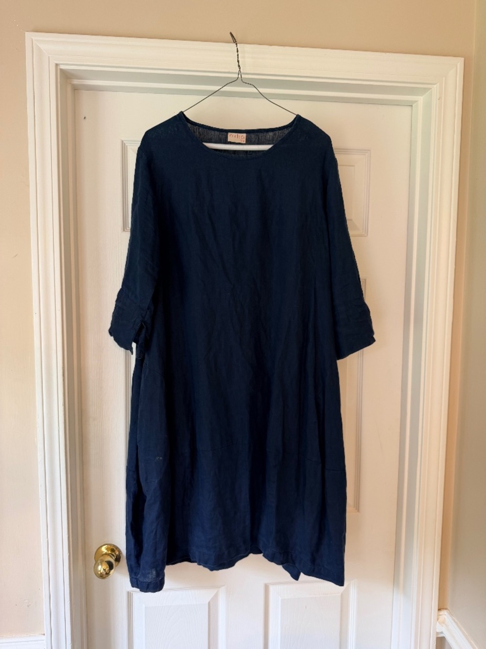Asha Navy Blue 100% Linen 3/4 Sleeve Shift Dress Lagenlook Pockets SM